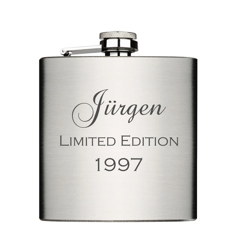 Limited Edition mit Jahrgang und Name personalisierter Flachmann Chrome Brushed aus Edelstahl 6oz mit Lasergravur