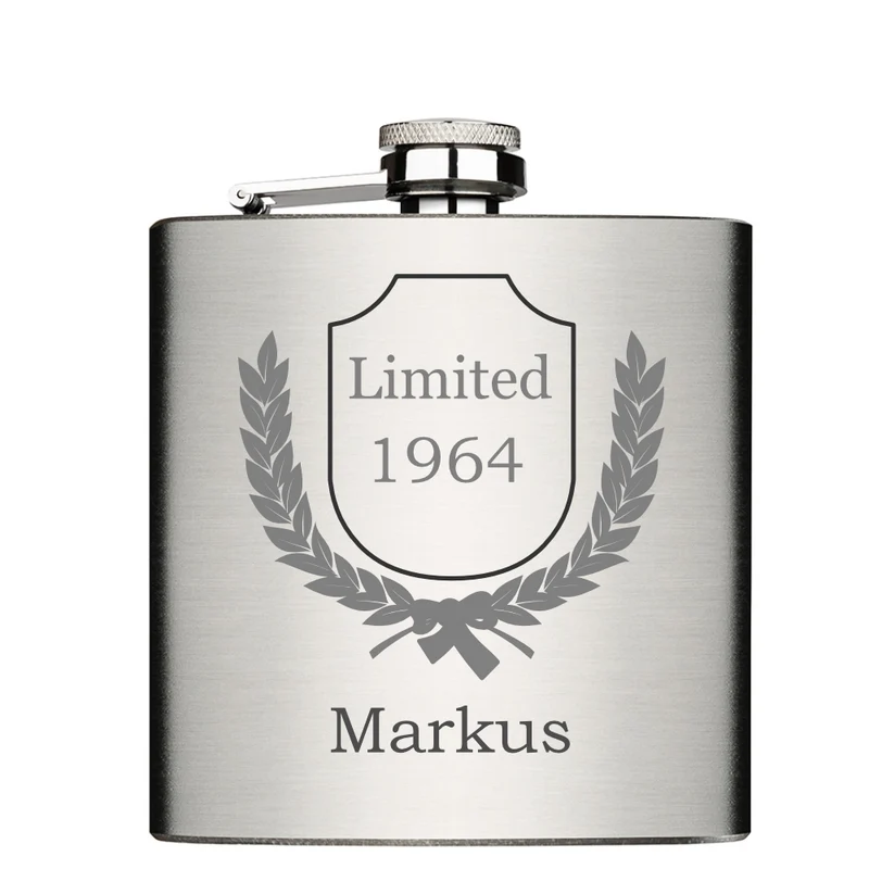 Limited mit Jahrgang und Name personalisierter Flachmann Chrome Brushed aus Edelstahl 6oz mit Lasergravur