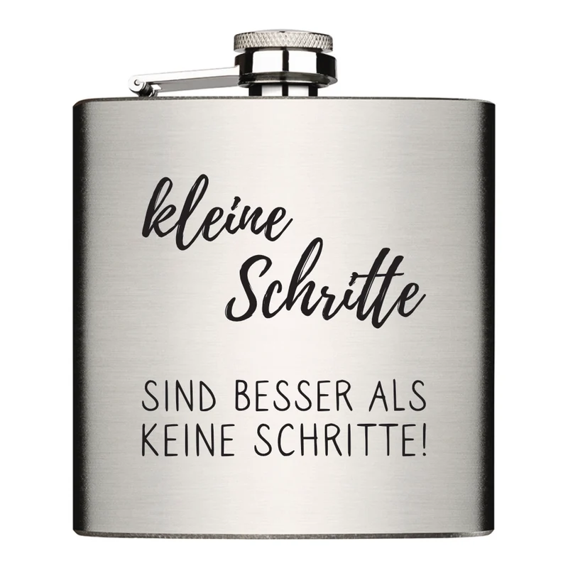 kleine Schritte sind besser als keine Schritte Flachmann Chrome Brushed aus Edelstahl 6oz mit Lasergravur