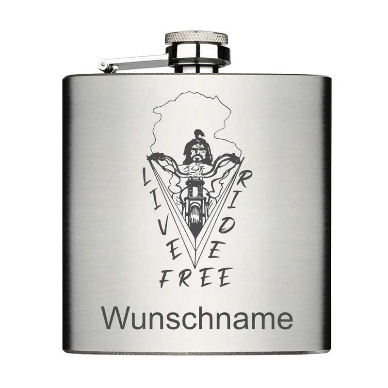 Life ride free mit Wunschname personalisiert Edelstahl Flachmann 6oz mit Lasergravur