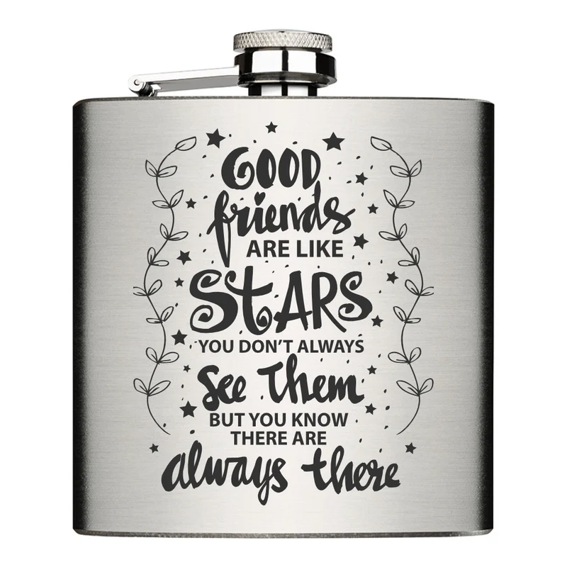 Good friends are like Stars Flachmann Chrome Brushed aus Edelstahl 6oz mit Lasergravur