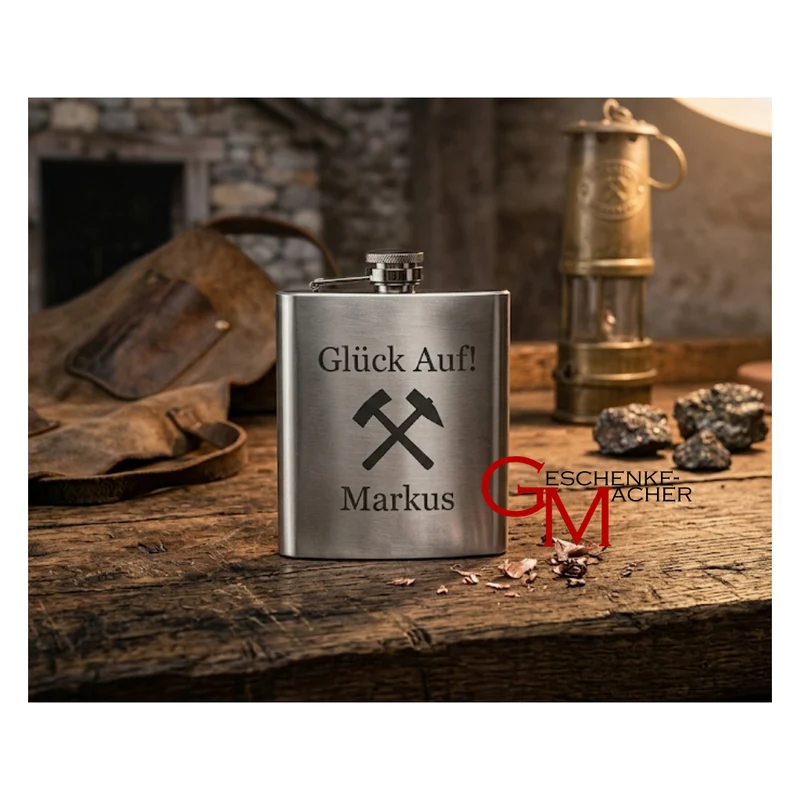 Glück Auf! personalisierter Flachman aus Edelstahl 6oz mit Lasergravur