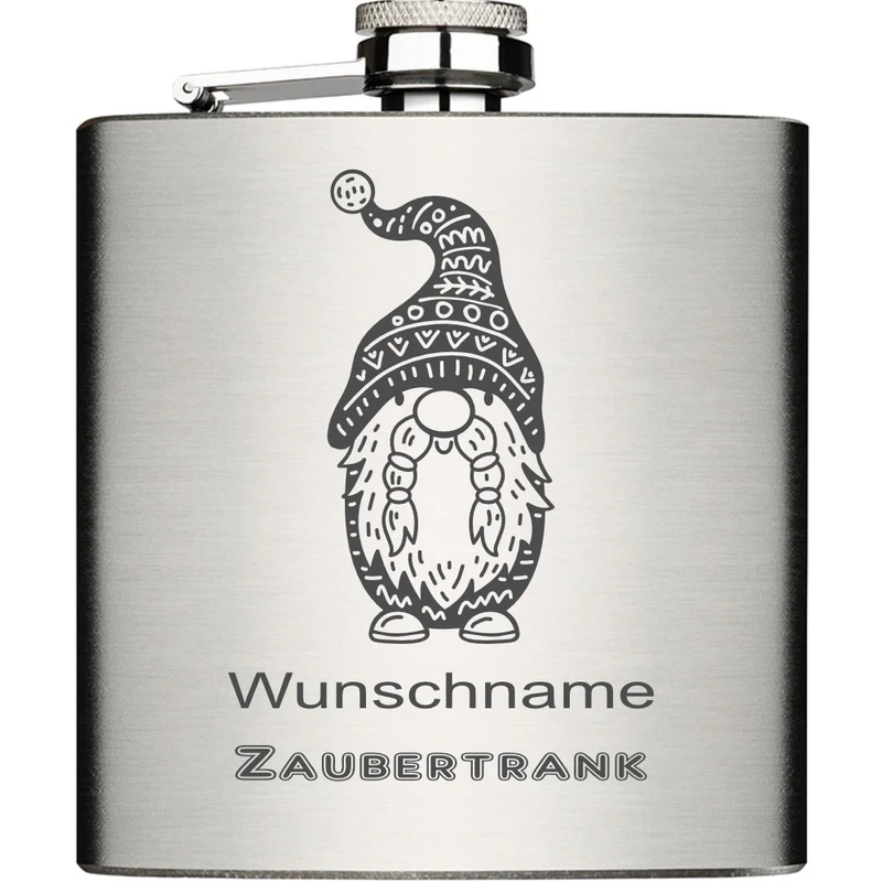 Gnome Zaubertrank mit Wunschname personalisiert Edelstahl Flachmann 6oz mit Lasergravur