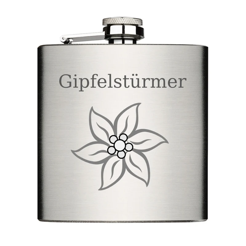 Gipfelstürmer mit Motiv Edelweiss Flachmann Chrome Brushed aus Edelstahl 6oz mit Lasergravur
