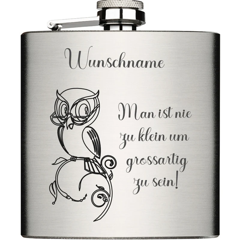 Eule mit Wunschname personalisiert Edelstahl Flachmann 6oz mit Lasergravur