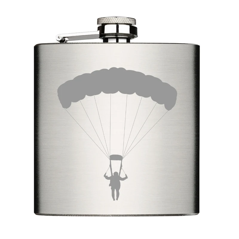 Fallschirmspringer Paragleiter Flachmann Chrome Brushed aus Edelstahl 6oz mit Lasergravur