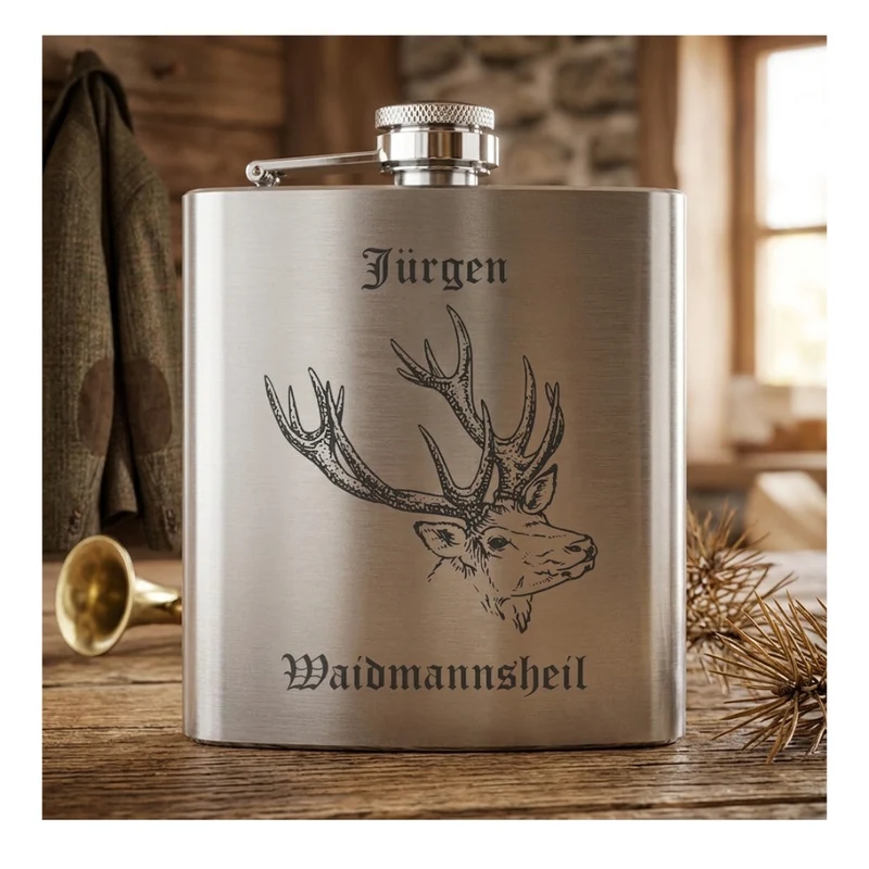 Edelstahl Flachmann 6oz mit Lasergravur Waidmanns Heil und mit Wunschname personalisiert