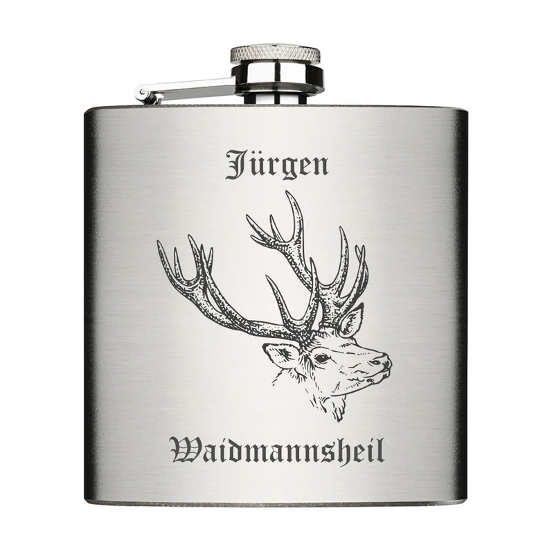 Edelstahl Flachmann 6oz mit Lasergravur Waidmanns Heil und mit Wunschname personalisiert