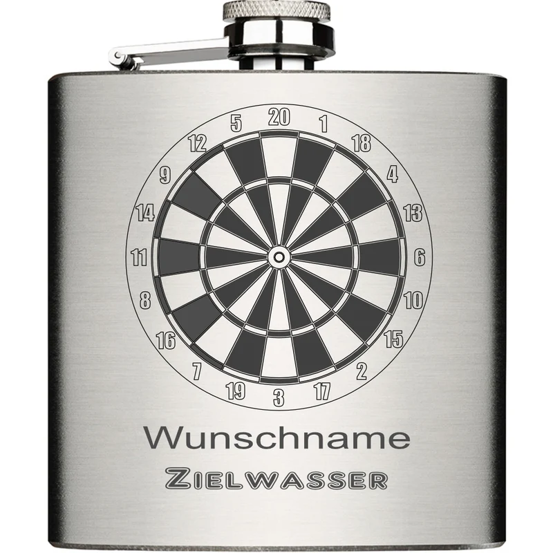 Dart Zielwasser mit Wunschname personalisiert Edelstahl Flachmann 6oz mit Lasergravur