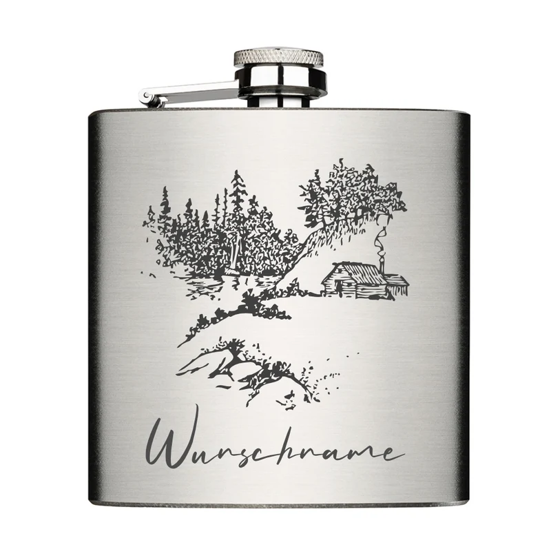 Almhütte mit Wunschname personalisiert Edelstahl Flachmann 6oz mit Lasergravur