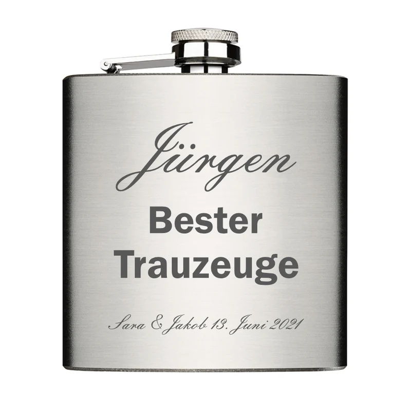 Bester Trauzeuge Trauzeugin personalisiert Flachmann Chrome Brushed aus Edelstahl 6oz mit Lasergravur