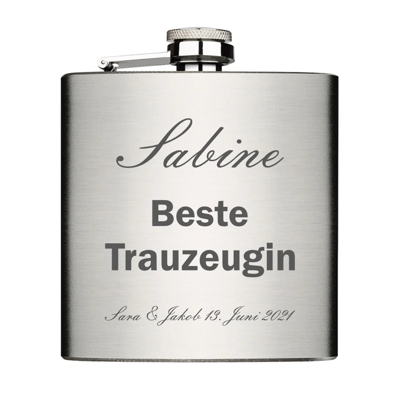 Bester Trauzeuge Trauzeugin personalisiert Flachmann Chrome Brushed aus Edelstahl 6oz mit Lasergravur