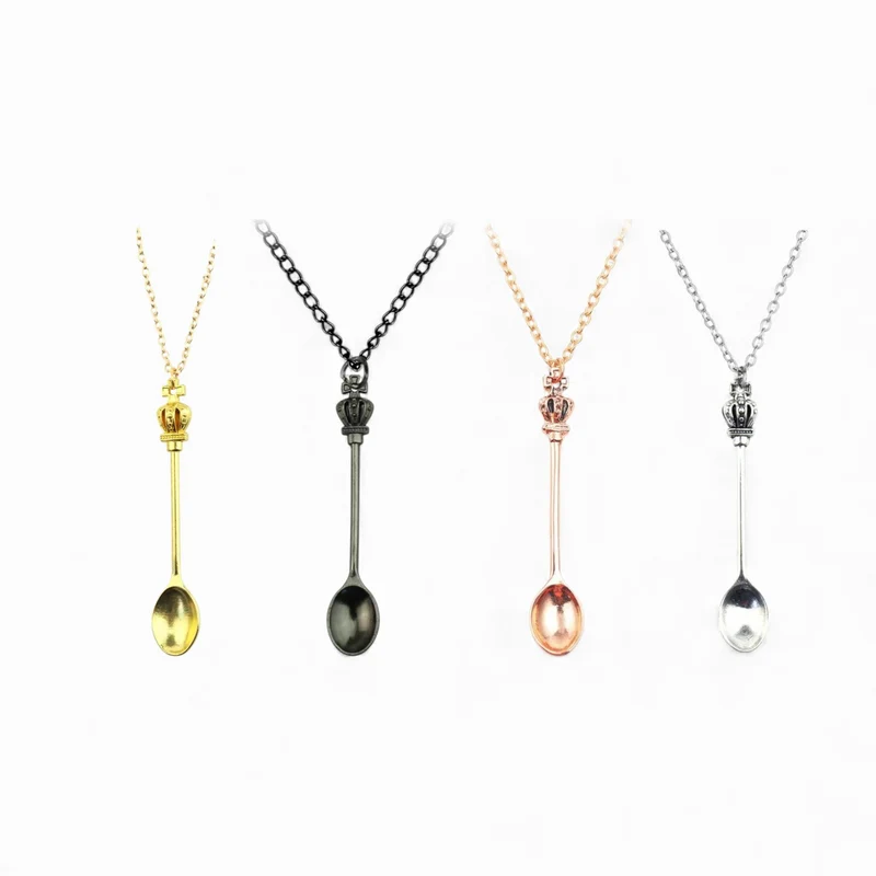 Unisex Mini Tea Spoon Crown Pendant Necklace