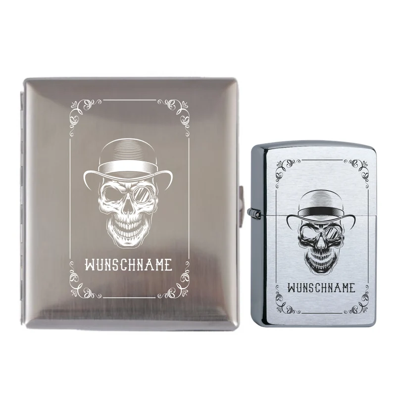Mafia Skull Etui und Zippo Chrome Brushed im Set graviert und personalisierbar