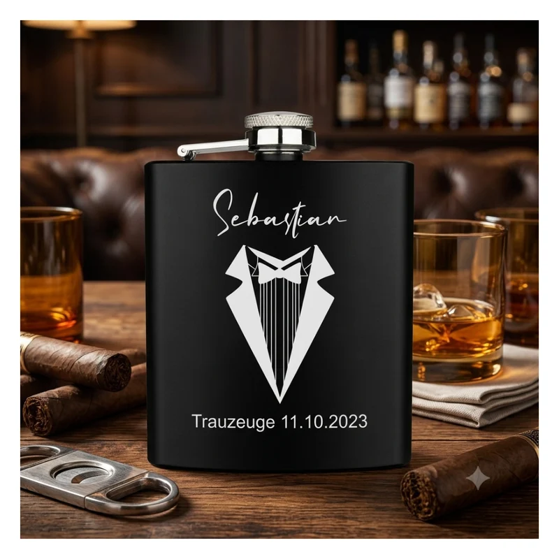Trauzeuge personalisierter Flachmann schwarz aus Edelstahl 6oz mit Lasergravur