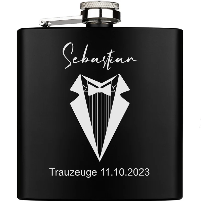 Trauzeuge personalisierter Flachmann schwarz aus Edelstahl 6oz mit Lasergravur
