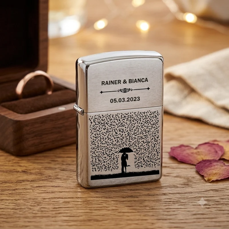 Pärchen im Regen personaliserbar Chrome Brushed Original Zippo mit Gravur