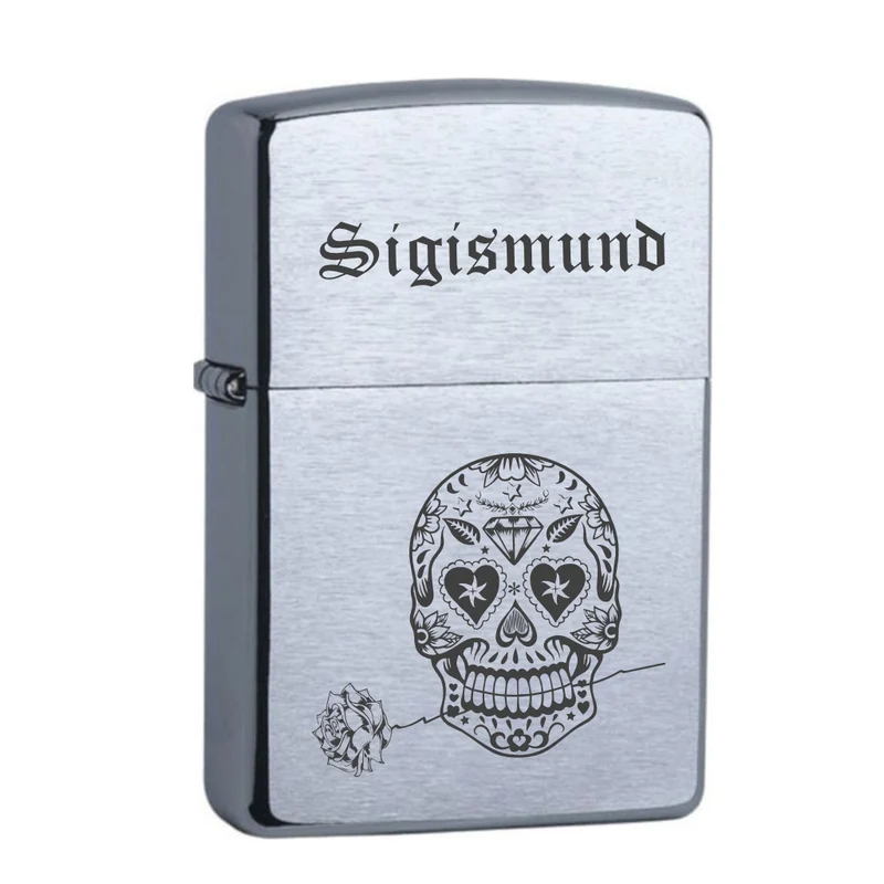 Totenkopf mit Rose + Vorname Chrome Brushed Original Zippo graviert