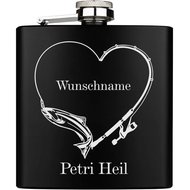 Petri Heil Fisch an der Angel mit Wunschname personalisierter Edelstahl Flachmann schwarz 6oz mit Lasergravur