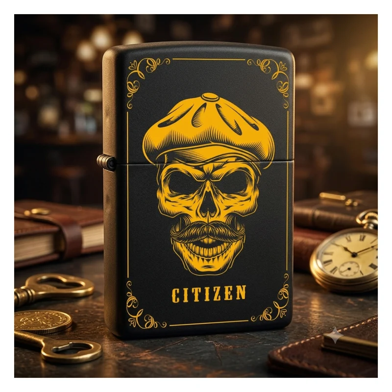 Mafia Cards Collection - mit Mafiamotiven gravierte Zippos Black Matte mit Messing-Kern