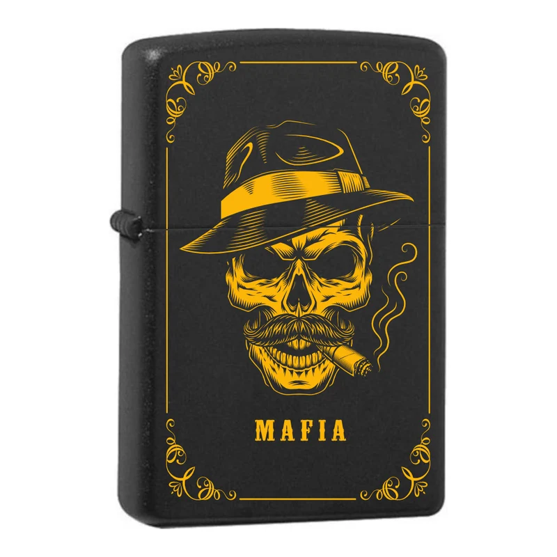 Mafia Cards Collection - mit Mafiamotiven gravierte Zippos Black Matte mit Messing-Kern