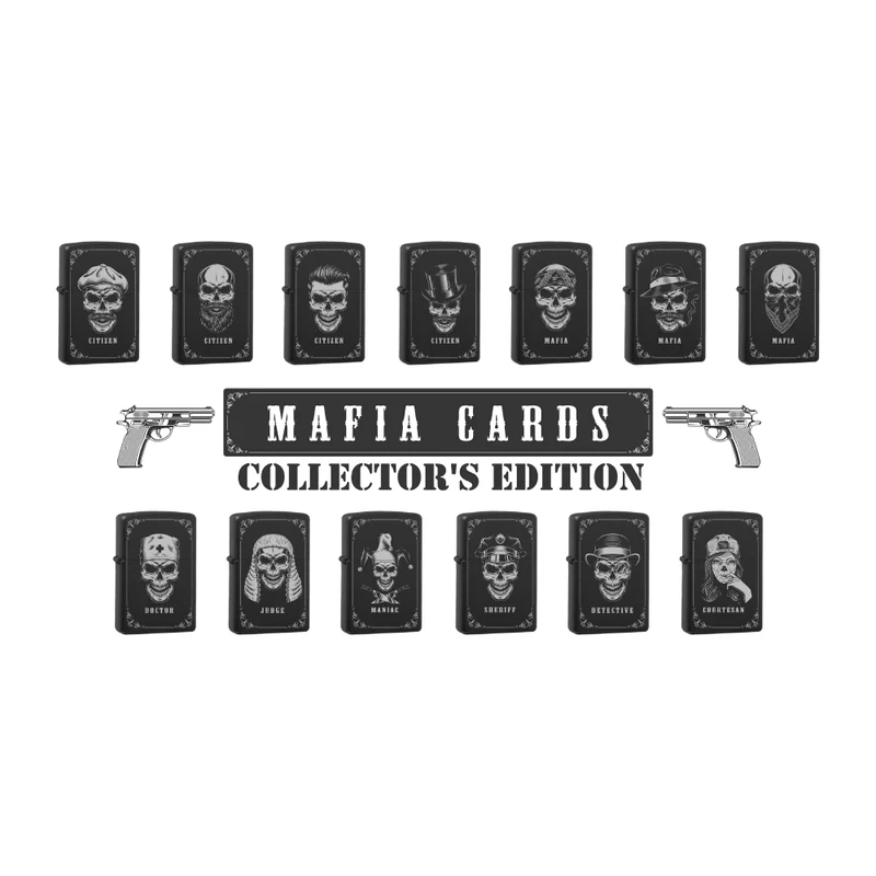 Mafia Cards Collection - mit Mafiamotiven gravierte Zippos Black Matte mit Chrom-Kern