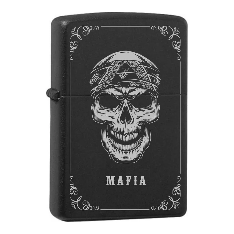 Mafia Cards Collection - mit Mafiamotiven gravierte Zippos Black Matte mit Chrom-Kern