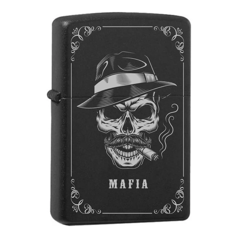 Mafia Cards Collection - mit Mafiamotiven gravierte Zippos Black Matte mit Chrom-Kern