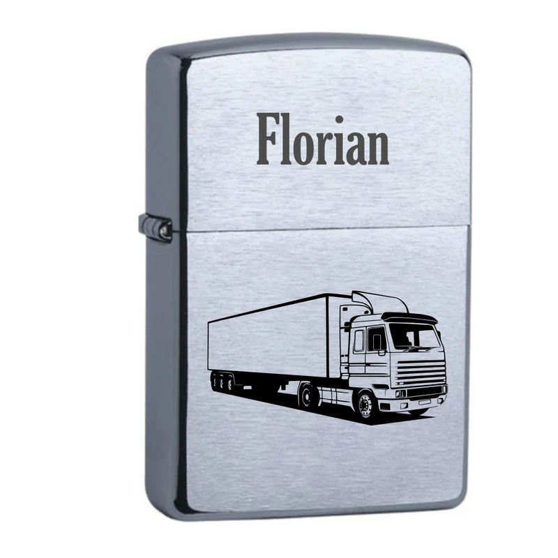 Zippo chrom gebürstet mit Lastwagen LKW + Vorname graviert