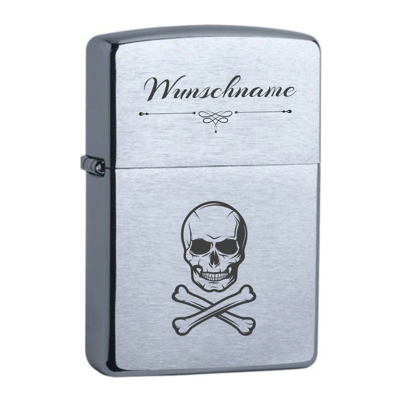 Totenkopf mit Wunschname Chrome Brushed Original Zippo graviert