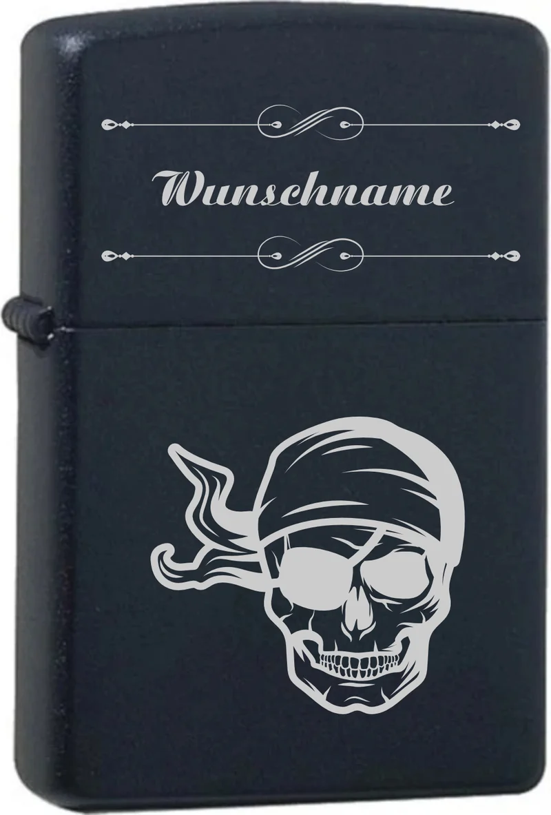 Totenkopf mit Wunschname Black Matte mit Chrome-Kern Original Zippo graviert