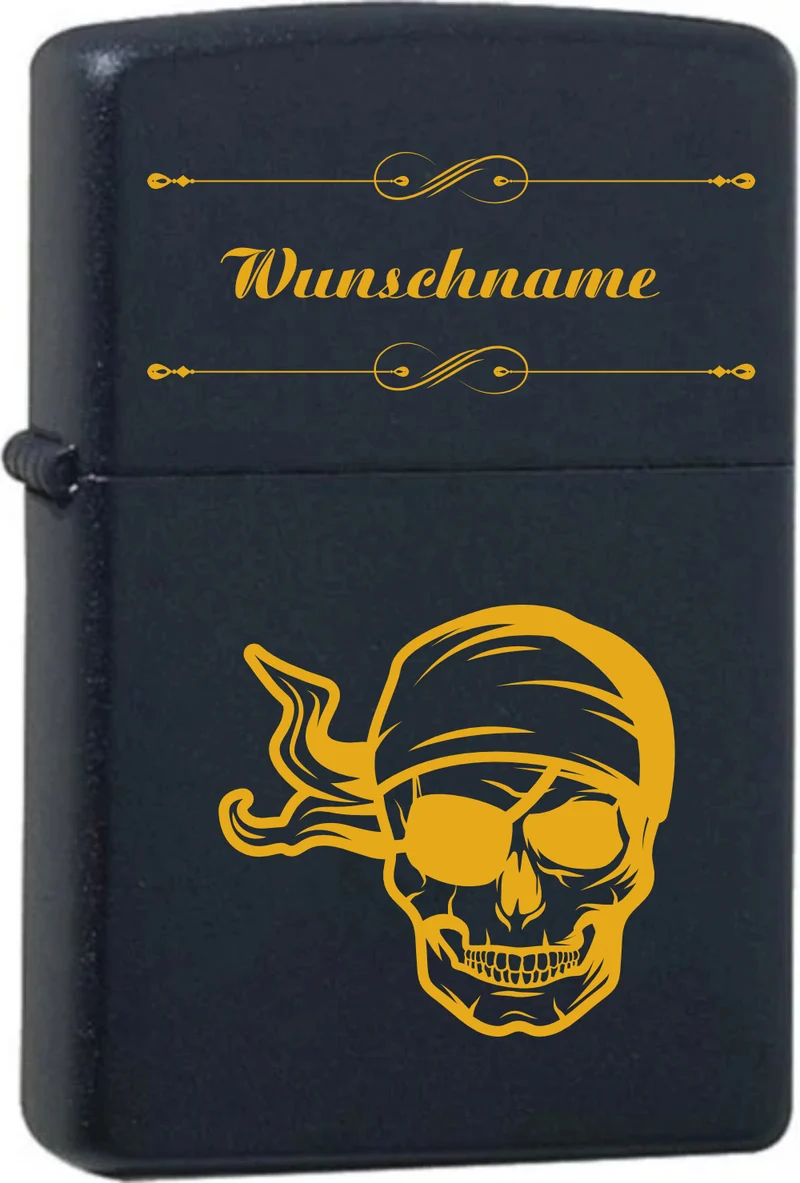 Totenkopf mit Wunschname Black Matte mit Messing-Kern Original Zippo graviert