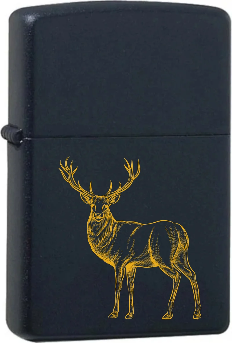 Hirsch mit Wunschname Black Matte mit Messing-Kern Original Zippo graviert
