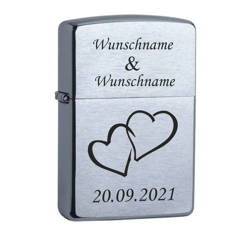 Original Zippo chrome gebürstet graviert 2 Namen, Herzen und Datum
