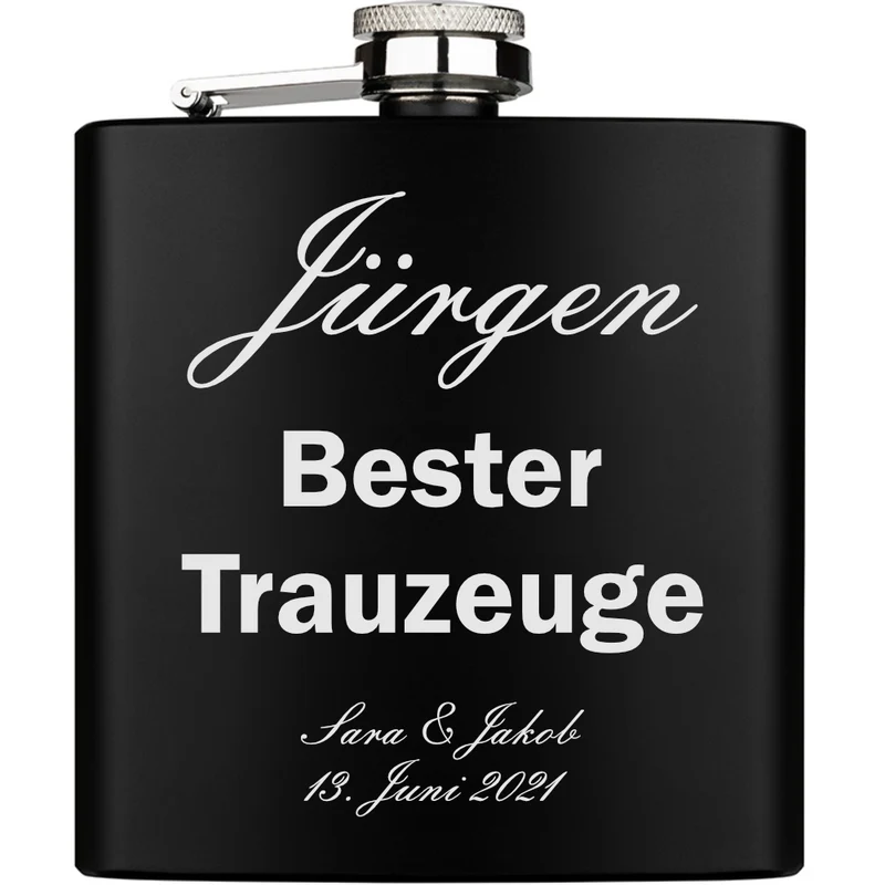 Bester Trauzeuge Trauzeugin personalisiert Flachmann schwarz aus Edelstahl 6oz mit Lasergravur