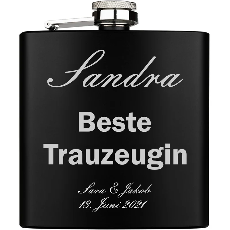 Bester Trauzeuge Trauzeugin personalisiert Flachmann schwarz aus Edelstahl 6oz mit Lasergravur