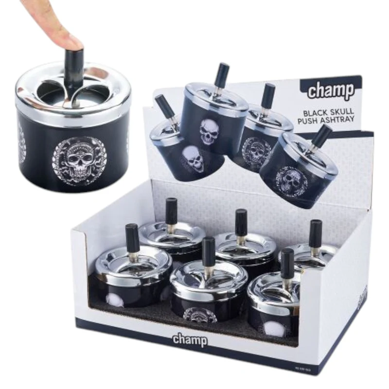 Champ High Black Skull Push Ashtray