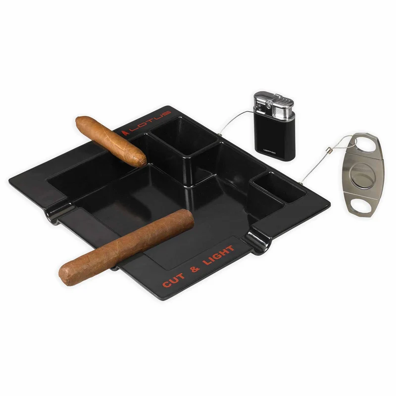 Cigar Ashtray with Built-In Cutter & Lighter Storage