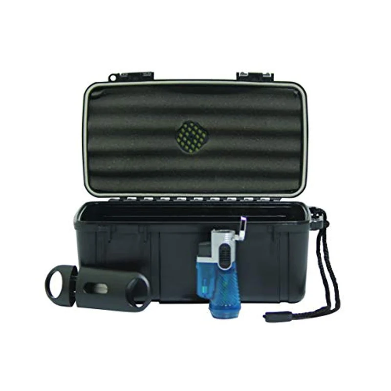 Travel Cigar Humidor Case - Holds 15 Cigars with Torch & Cutter