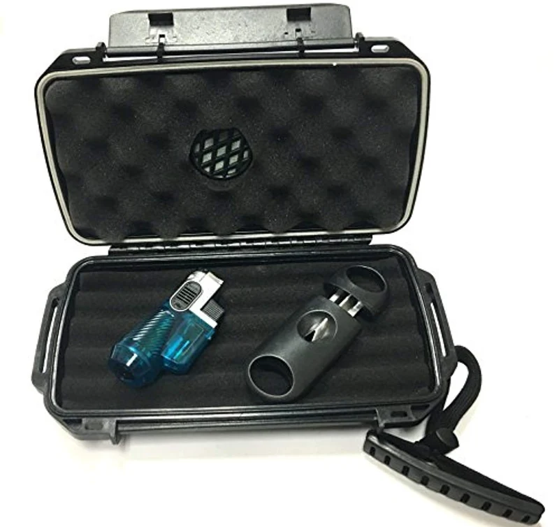 Travel Cigar Humidor Set - Waterproof Case w/ Torch & Cutter