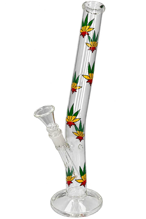 Bong Boss Glasbong gebogen, transparent/Hanfblatt bunt, H.33cm, Ø3cm, Glaschillum 14er Schliff