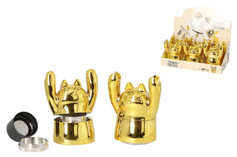 Super Heroes Grinder 4tlg. Metall goldfarben Katze mit Handyhalterung, Ø 4,5cm, H. 10cm