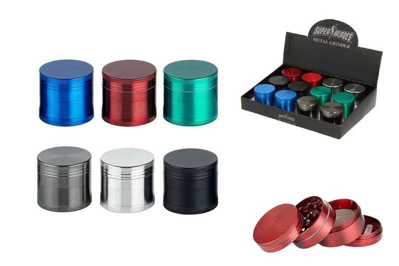 Super Heroes Grinder 4tlg. Metall fabig sortiert, Ø 4cm, H. 3,7cm
