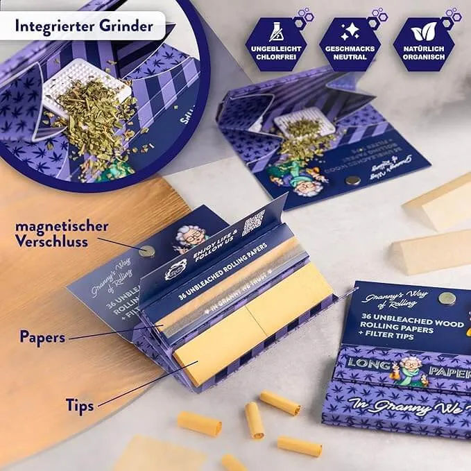 Granny’s All-in-One Long Papers Set – Zellstoff + Tips + Grinder Card