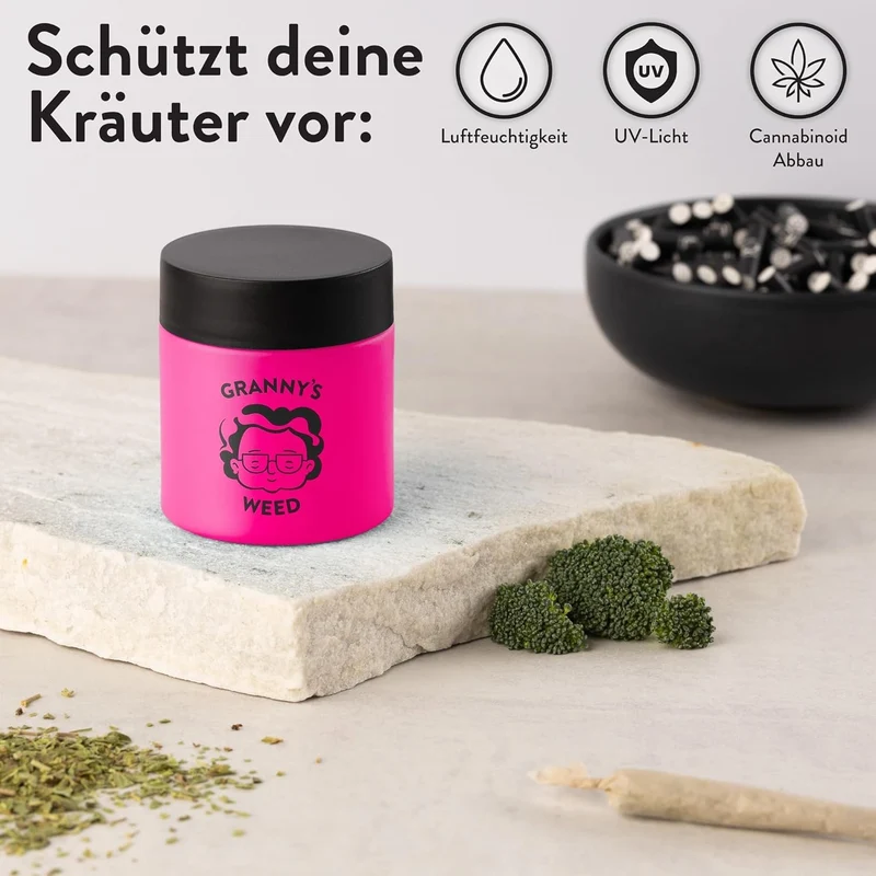 Granny's Premium Stash Jar in Pink – 100% Geruchsdichtes Kräuterglas mit UV-Schutz (120 ml)