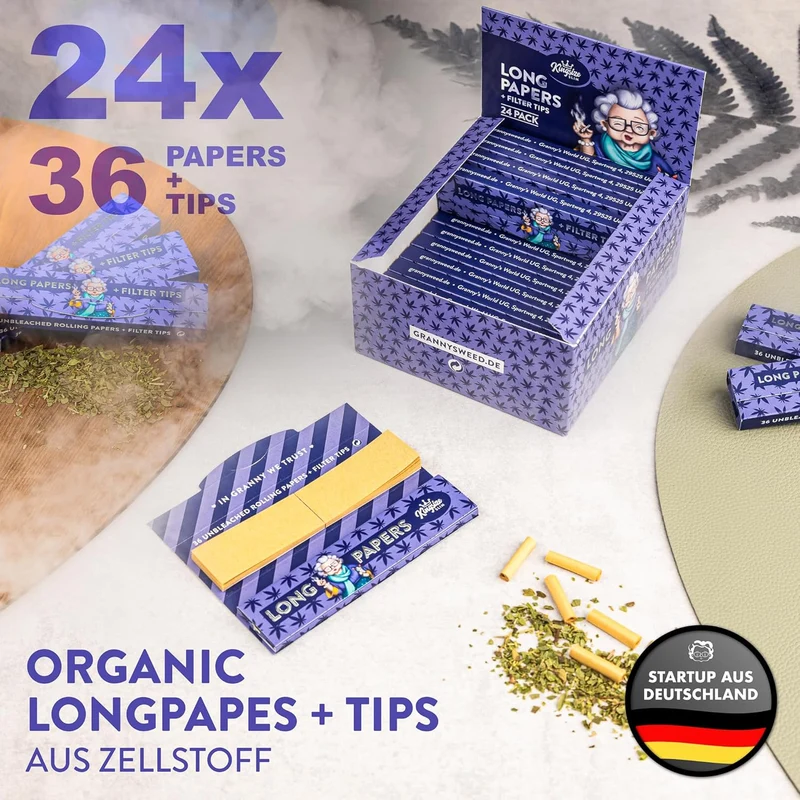 Granny's Slim Long Papers | mit Filtertips | Zellstoff 45 mm | Lila