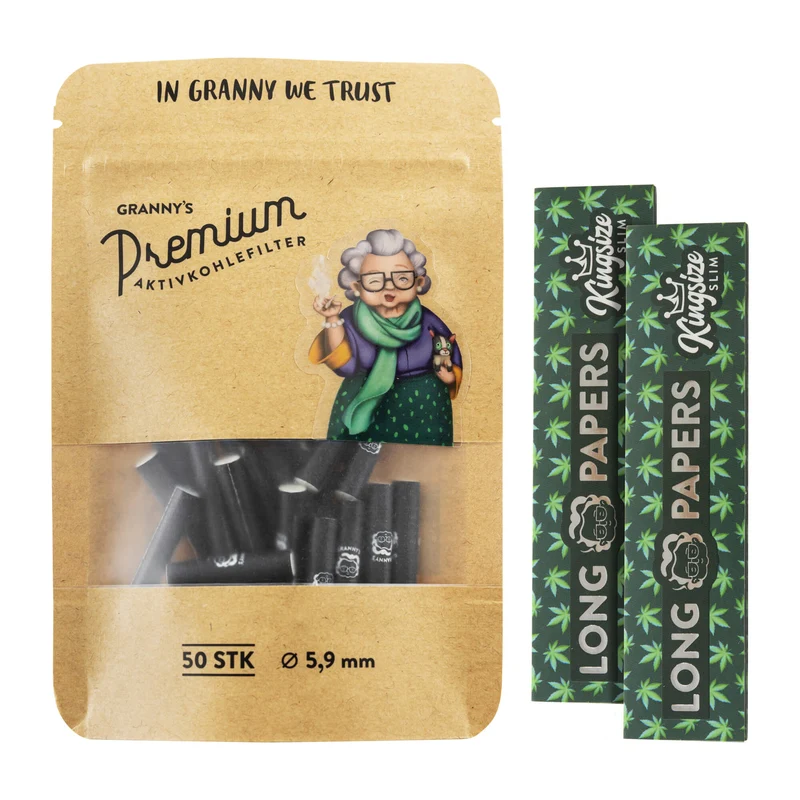 Set: Extra Slim Aktivkohlefilter 5,9 mm & Hanf Long Papers (45 mm Grün)