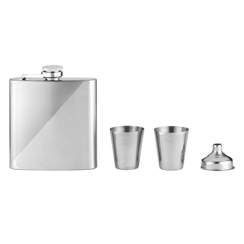 Angelo Flachmann chrom Motiv, 6oz, inkl. 2 Becher und Trichter