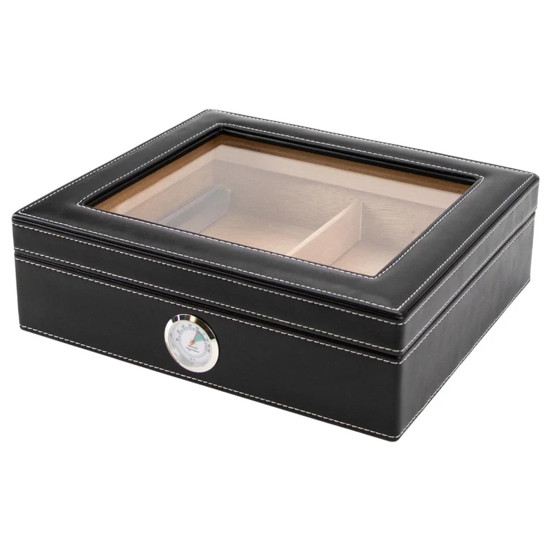 Humidor i Sort Faux Leather med Glaslåg til 20 Cigarer