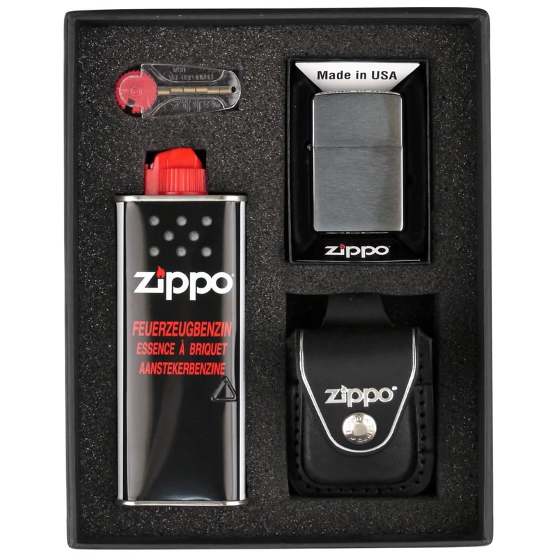 ZIPPO brushed chrome lighter in set w. ZIPPO leather pouch black w. clip